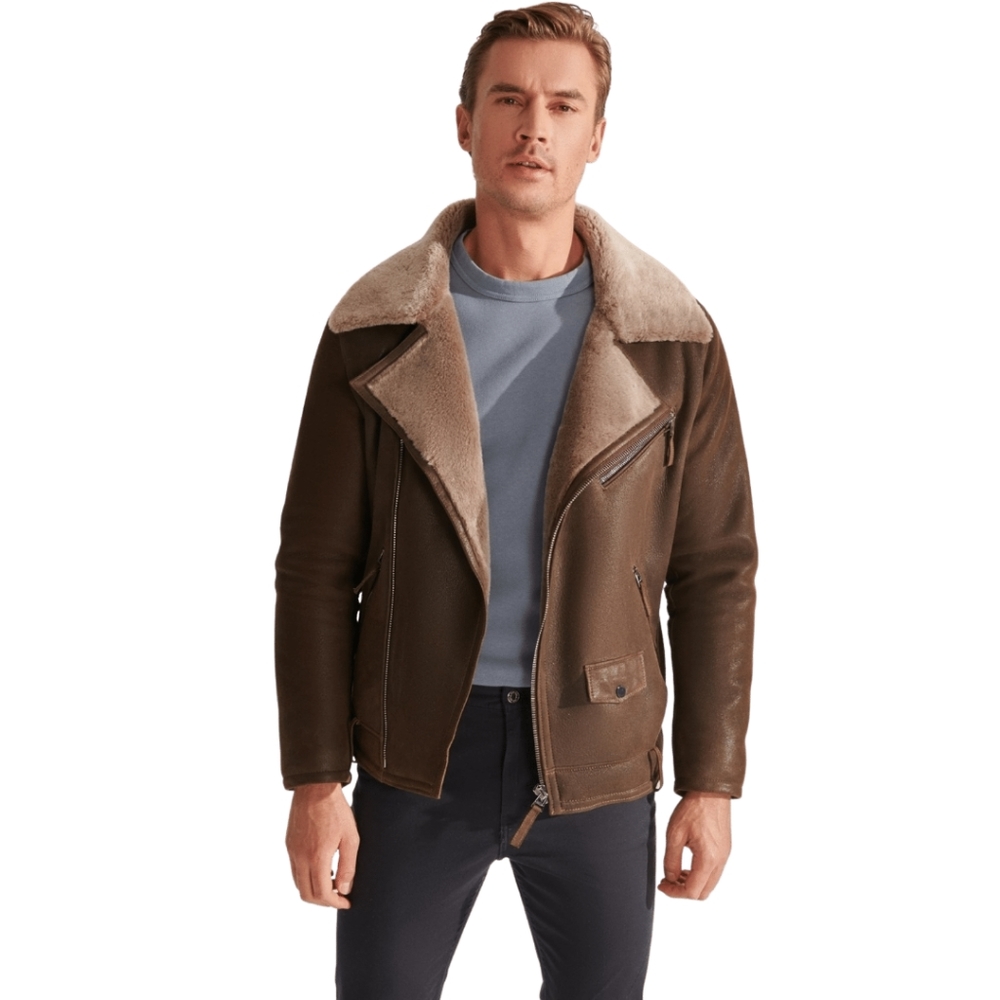 Men Shearling Faux Suede Brown Jacket Size Large.